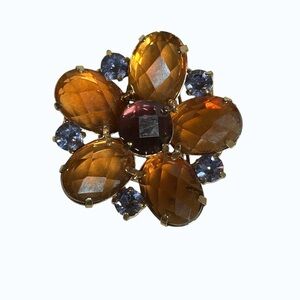 Vintage Amber & Blue Flower Brooch Gold Tone Faceted Glass Mid Century MCM